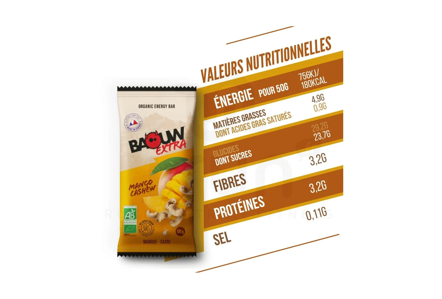 Baouw Barre énergétique bio Extra - Olive - Cajou Mango y anacardo